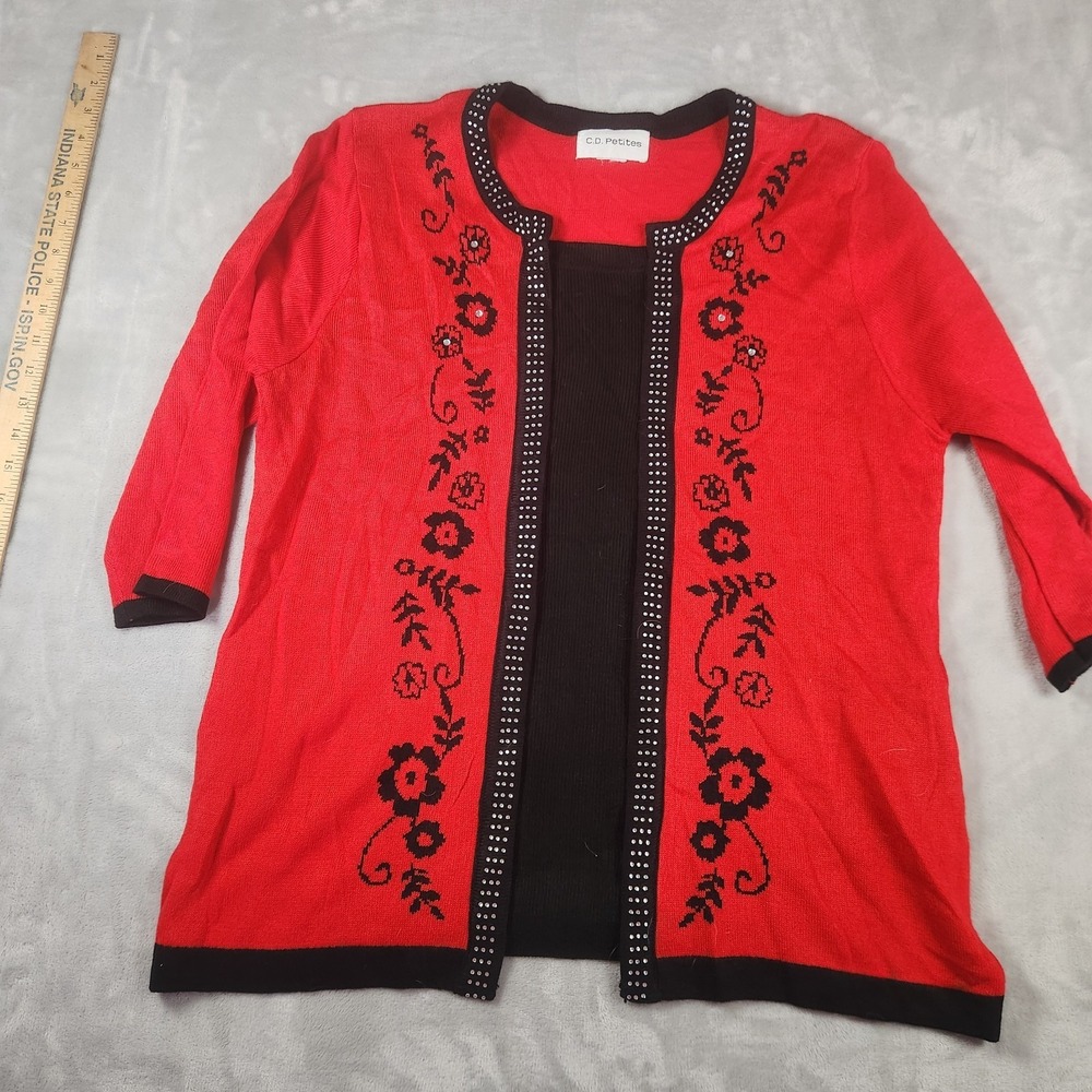 C.D Petites Red‎ Black Floral Pullover SweaterGrandmacore 80s Vintage Cozy PL